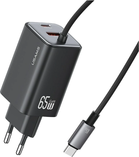 USAMS JC séria GaN sieťová nabíjačka 65 W s integrovaným USB‑C káblom (2× USB‑C, 1× USB‑A), čierna