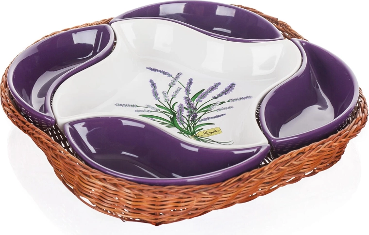 Sada keramických misiek LAVENDER v prútenom košíku 5 ks (28 × 28 cm)