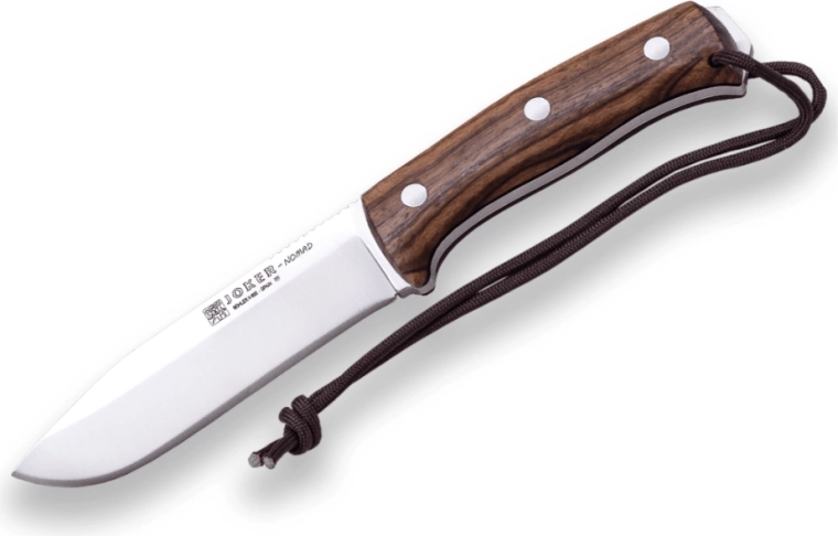 Joker Nomad bushcraft nôž s pevnou čepeľou 12,7 cm, orechové drevo, kožené puzdro a kresadlo
