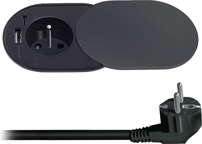 Solight vstavaná zásuvka 230 V s USB-A a USB-C 20 W PD s posuvným viečkom, 2 m, matná čierna