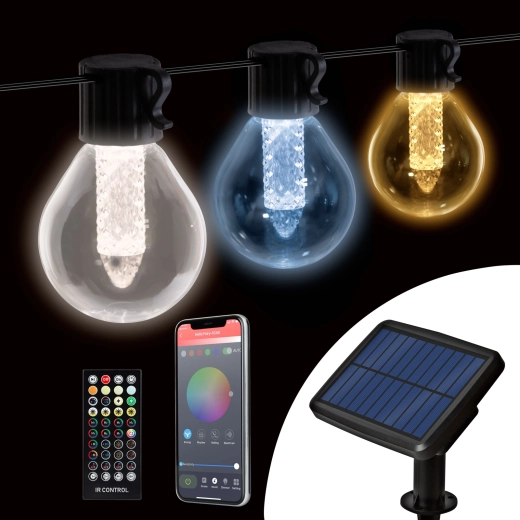 Inteligentná solárna svetelná reťaz s 15 bielymi LED žiarovkami, Bluetooth a nastaviteľnou teplotou svetla