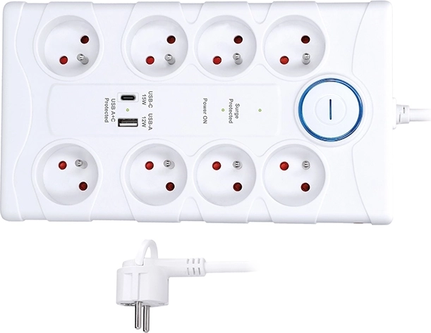 Solight prepäťová ochrana s 8 zásuvkami a USB-A/USB-C, 2 m, biela