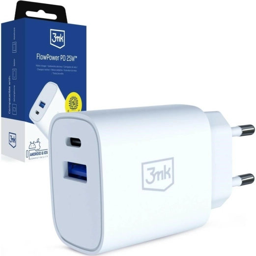 3mk FlowPower sieťová nabíjačka 25 W USB‑C/USB‑A biela
