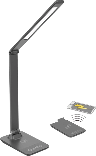Solight LED stmievateľná stolná lampička s bezdrôtovým nabíjaním 10 W, zmena chromatickosti, sivá