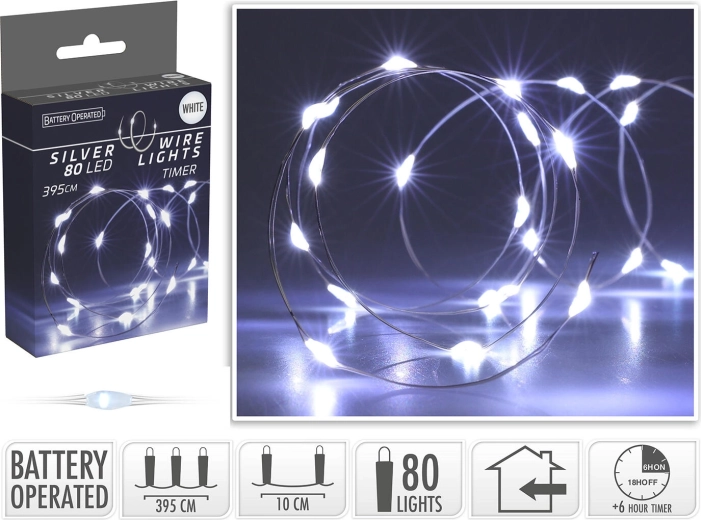 Vianočná LED svetelná reťaz 3,95 m, 80 LED, studená biela, na batérie s časovačom – 1 kus