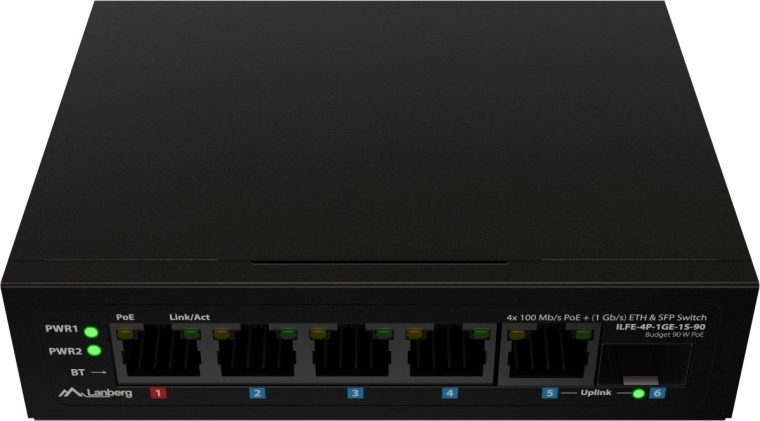 Lanberg ľahký priemyselný PoE switch na DIN lištu 4× Fast Ethernet + 1× Gigabit uplink + 1× SFP (PoE++ 90 W)