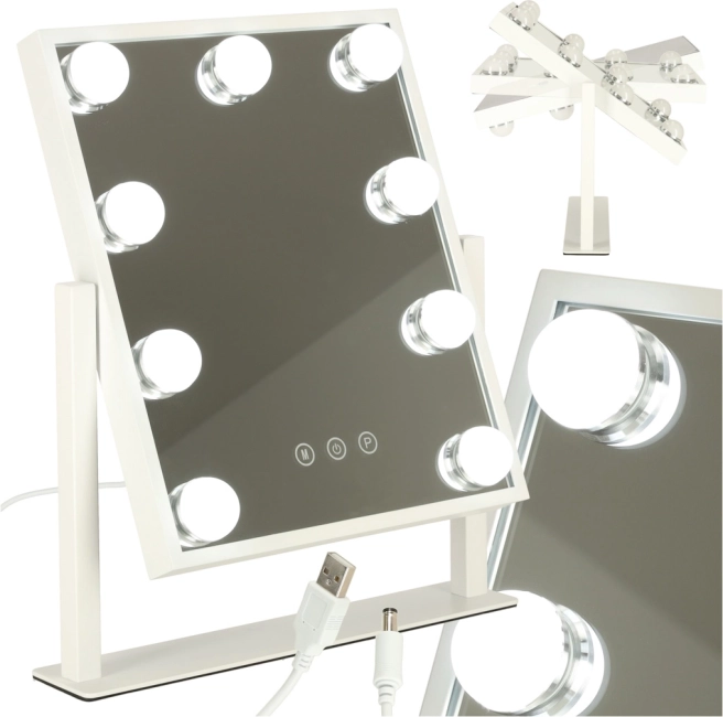 Kozmetické zrkadlo na líčenie s podsvietením LED, 9 žiaroviek, USB, 25 × 30 cm