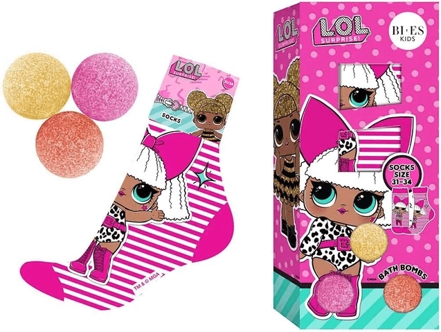 Darčeková sada LOL Surprise – 3× šumivé gule do kúpeľa 50 g + ponožky
