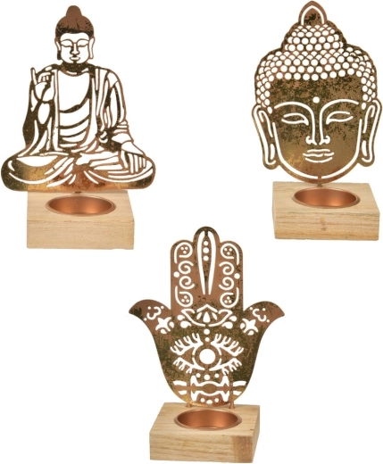 Svietnik Buddha z dreva a kovu v zlatej farbe
