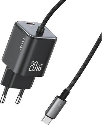 USAMS séria JC GaN mini sieťová nabíjačka 20 W so zabudovaným USB‑C káblom (2× USB‑C), čierna