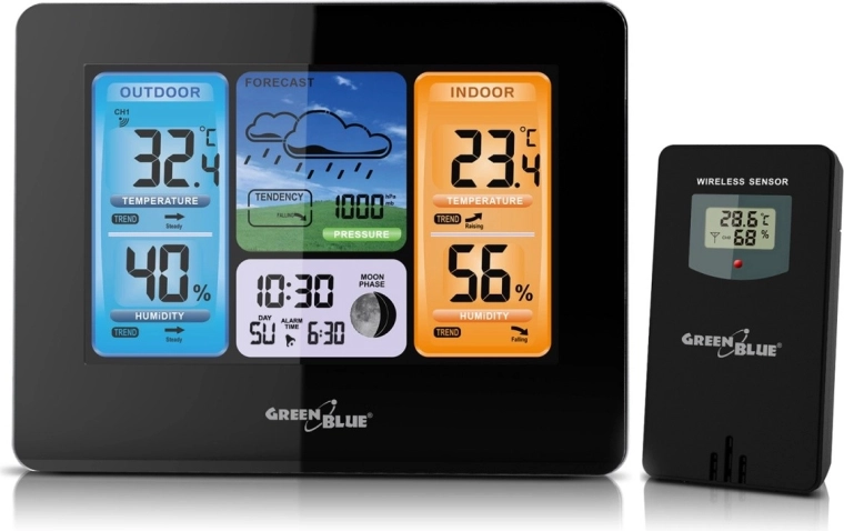Farebná Wi‑Fi meteostanica GREENBLUE s fázou Mesiaca a DCF