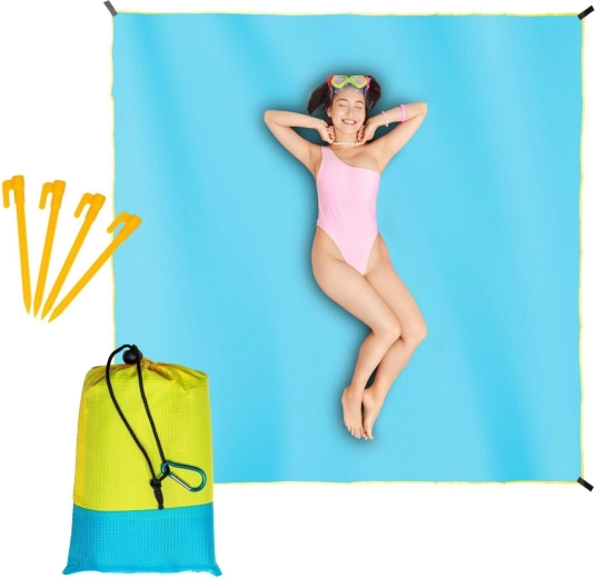 Vodoodolná plážová podložka a pikniková deka 210 × 200 cm modrá so žltým lemom