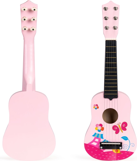 Detská ružová drevená gitara s kovovými strunami ECOTOYS