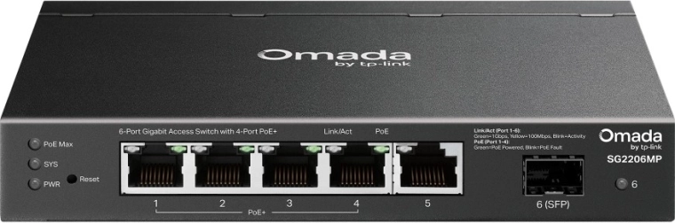 Tp-link Omada gigabitový switch so 4× PoE+ a 1× SFP (6 portov)