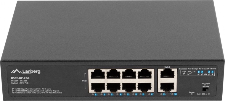 LANBERG 8portový PoE+ switch 10/100 Mb/s so 2× gigabitovým uplinkom do racku