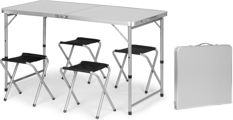 Skladací turistický stôl v kufríku s nastaviteľnou výškou a 4 stoličkami 120 × 60 cm, strieborný
