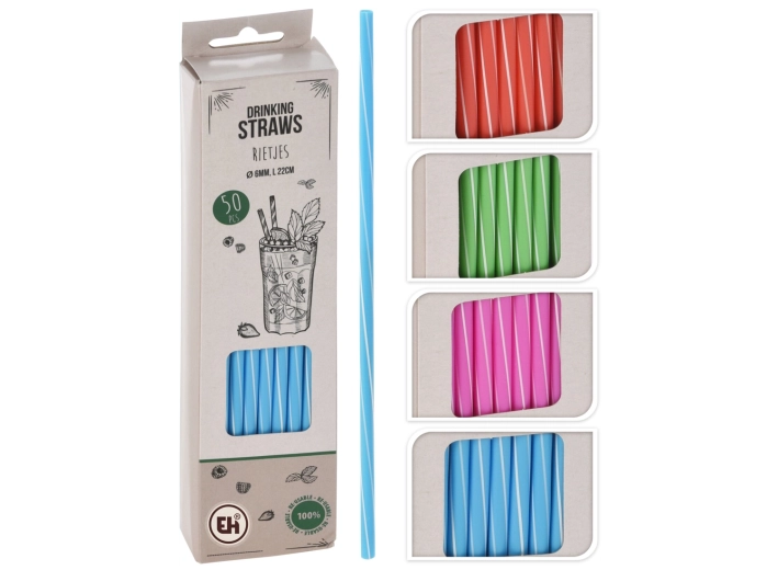 Sada opakovane použiteľných slamiek 22 cm, priemer 6 mm – mix farieb s prúžkami (50 ks)