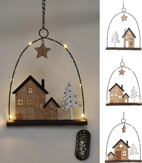 Závesná vianočná dekorácia domček s LED, kov a drevo, 20,5 cm