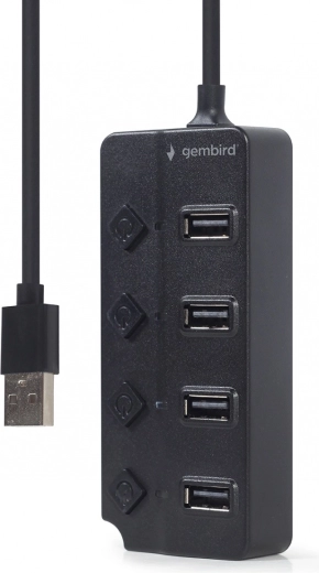 4‑portový USB 2.0 hub s vypínačmi, čierny