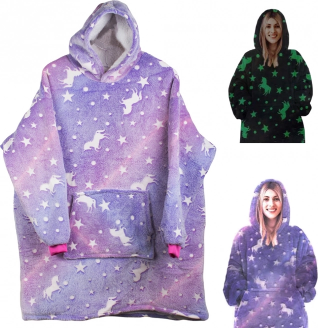 Žiarivá oversize mikina–deka s kapucňou, fialová s jednorožcami