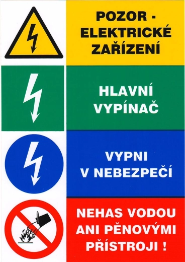 Bezpečnostná samolepka – pozor elektrické zariadenie, hlavný vypínač, vypni v nebezpečenstve, nehas vodou ani penovými prístrojmi 148 × 210 mm