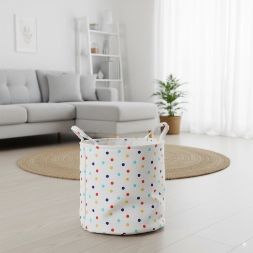 Textilný okrúhly kôš na prádlo a hračky s bodkami 25 × 30 cm