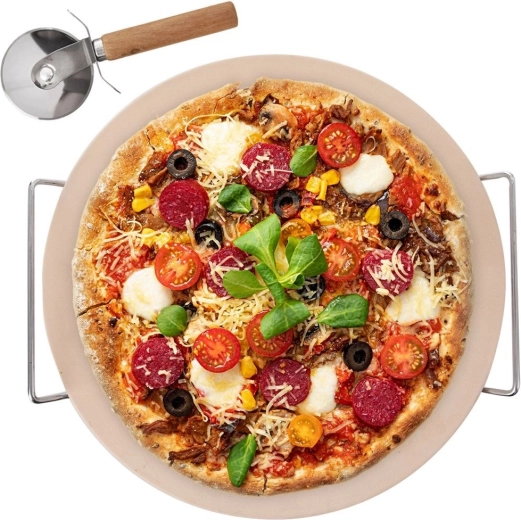 Šamotová pizza doska so stojanom a krájačom, 3-dielna sada