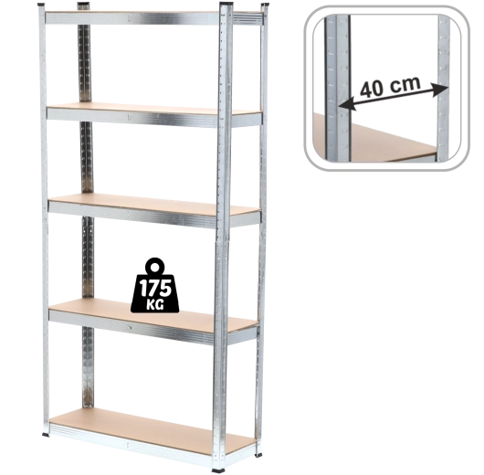 Kovový regál 5 políc 200 × 90 × 40 cm, MDF, nosnosť 175 kg na policu