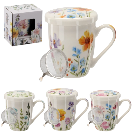 Porcelánový hrnček s nerezovým sitkom a pokrievkou 340 ml – kvetinový motív