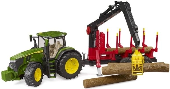 Traktor Bruder John Deere 7R 350 s lesníckym prívesom a 4 klátmi