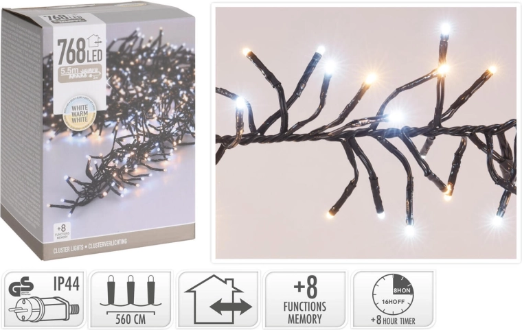 Vianočná LED svetelná reťaz 5,6 m, 768 LED, teplá biela, 8 funkcií, IP44, s časovačom - 1 kus