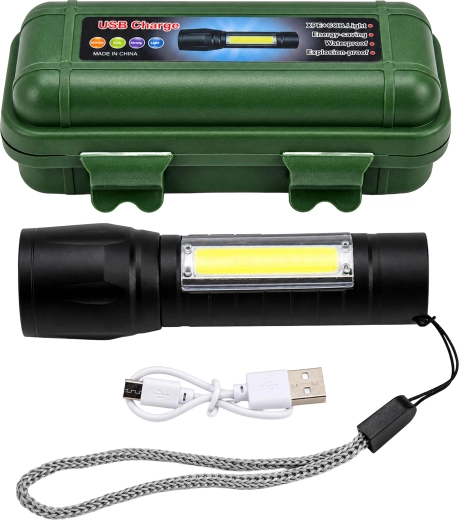 Taktické LED svietidlo COB s USB nabíjaním, zoomom a puzdrom