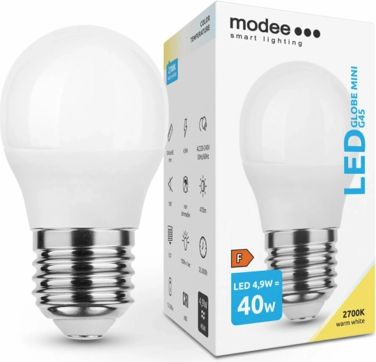 Modee Smart Lighting LED miniatúrna žiarovka G45 E27 4,9 W teplá biela
