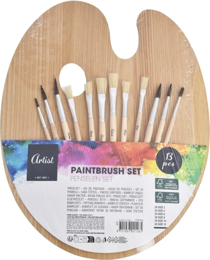 Drevená maliarska paleta so sadou štetcov 12 ks, 25 × 31 cm