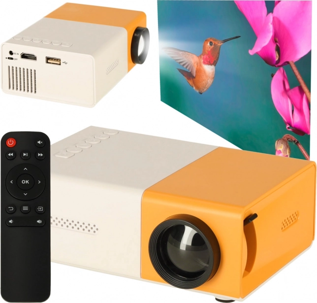 Mini projektor LED s TFT LCD, 24–60 palcov, HDMI/USB, podpora 1080p – bielo‑oranžový