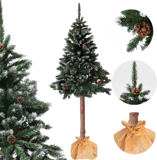Umelý vianočný stromček na kmeni 180 cm, diamantová borovica so šiškami, zasnežený