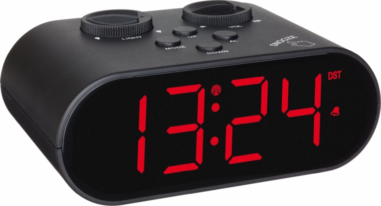 TFA Ellypse digitálny rádiom riadený budík s veľkými LED číslicami a USB nabíjaním – čierny