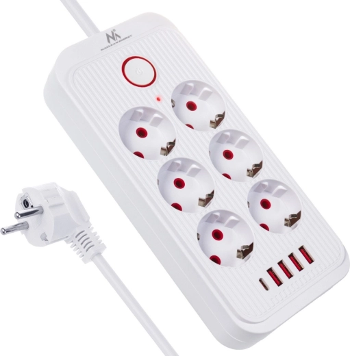 Predlžovacia prepäťová lišta 6 zásuviek so 4× USB‑A a 1× USB‑C, 2500 W, biela