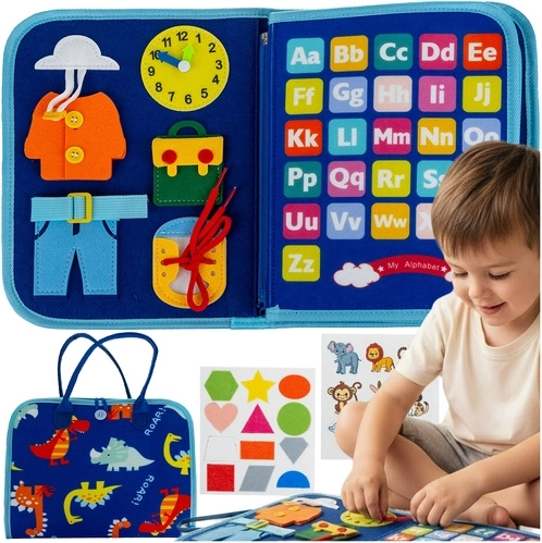 Manipulačná zmyslová knižka Kruzzel – montessori tabuľa pre deti 3+, modrá