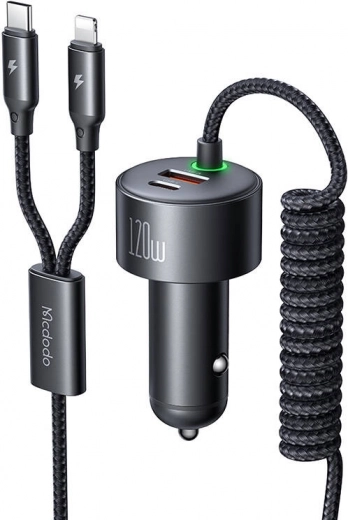 autonabíjačka Macdodo 120W s USB‑C a Lightning, zasúvacie káble