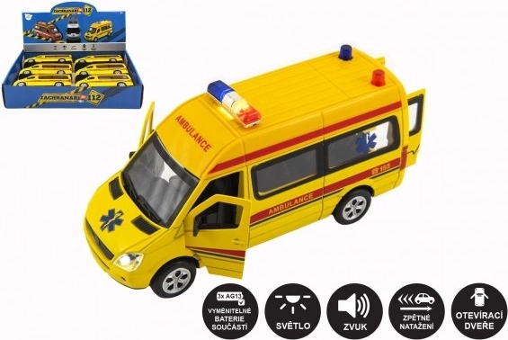 Ambulancia – kovovo‑plastové autíčko so svetlami a zvukmi, 15 cm, na spätné natiahnutie