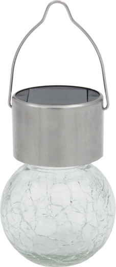 Závesná solárna lampa guľa, číra, nerez a sklo, 1 LED