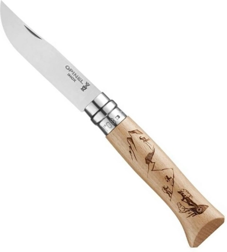 Opinel N°8 vreckový nôž s bukovou rukoväťou, motív horolezectva, 8,5 cm