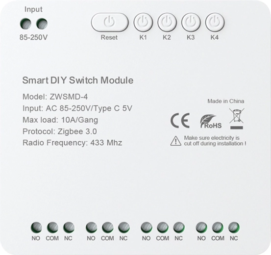 Zigbee 4-kanálový spínací modul s beznapäťovým kontaktom AVATTO