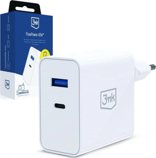 Sieťová nabíjačka 3MK FlowPower 45 W PD 3.0 QC4+ USB-A/USB-C biela