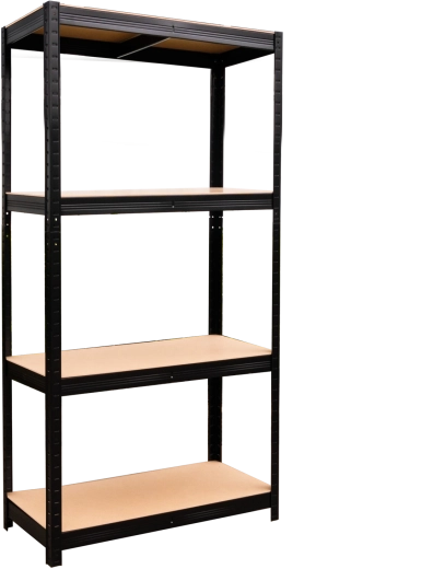 Kovový regál 4 úrovne 150 × 70 × 30 cm čierny, nosnosť 150 kg na policu