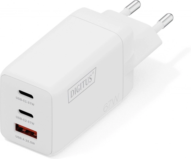 Sieťová nabíjačka USB GaN 67 W, 2× USB‑C a 1× USB‑A, biela
