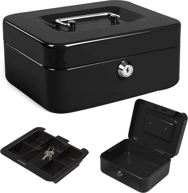 Kovová pokladničná schránka na peniaze, kľúče a dokumenty, čierna, 20 × 16 × 9 cm