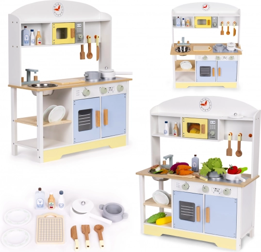 Drevená detská kuchynka s rúrou, práčkou a mikrovlnkou ECOTOYS – 12 doplnkov