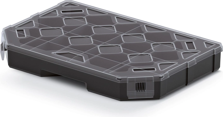 Organizér s prepážkami 284 × 195 × 40 mm, čierny s priehľadným vekom